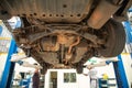 Car service - a mechanic checks the suspension of SUV, wide angle Royalty Free Stock Photo