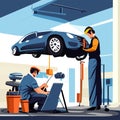 Car service. Mechanic working with laptop in auto repair shop. in flat style Generative AI Royalty Free Stock Photo