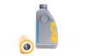 Oil change. Oil filter and plastic bottle of engine oil Royalty Free Stock Photo