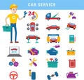 Car service repair parts and serviceman boy vector icons vehicle and automobile equipment