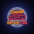 Car service repair logo vector, neon sign emblem. Vector illustration, car repair, shiny signboard for garage for auto Royalty Free Stock Photo