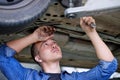 Car service, repair and mechanic working on car in the garage or workshop. Motor care, engineer and repairman standing