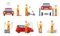 Car Service Set, Male Auto Mechanics in Uniform Repairing, Washing Cars and Testing Vehicles Vector Illustration