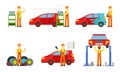 Car Service Set, Male Auto Mechanics in Uniform Repairing, Washing, Painting Cars and Testing Vehicles Vector
