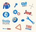 Car Service Set Working Uniform, Wrench and Automobile Tires, Traffic Sign, Screwdriver and Cogwheels