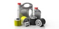 Car engine fuel and oil filters and oil canisters isolated against white background. 3d illustration