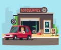 Car service station or repair garage with happy customer vector illustration