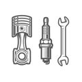 Car service station sign, spark plug, piston and spanner icons, maintenance shop