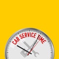 Car Service Time. White Vector Clock with Motivational Slogan. Analog Metal Watch with Glass. Car Repairs Icon