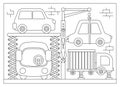Car service vector line illustration for kids. Vehicle black and white repair scene with cute bus and truck. Workshop with