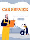 Car service and vehicle maintenance poster with mechanics, vector illustration. Royalty Free Stock Photo