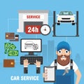 Car service a web application on a computer. Online car service concept design flat. Fast car repair Royalty Free Stock Photo