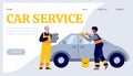 Car service website banner with mechanics near car, flat vector illustration. Royalty Free Stock Photo