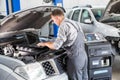 Car service worker carries out diagnostics and car repairs in the room