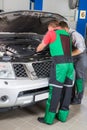 Car service worker carries out diagnostics and car repairs in the room