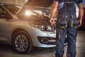 Car service worker diagnoses car breakdown Royalty Free Stock Photo