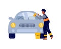 Car service worker washing and polishing car, flat vector illustration isolated. Royalty Free Stock Photo
