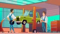 Car Service Workers at Workshop Cartoon Vector