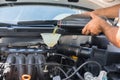 Car servicing mechanic pouring oil Royalty Free Stock Photo