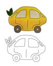 Car in the shape of a yellow lemon with two green casts Royalty Free Stock Photo