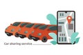 Car sharing banner with mobile application on phone cartoon vector illustration.