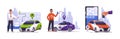 Car sharing. Cartoon men with vehicle. Mobile application and navigation technologies for auto rental or taxi order