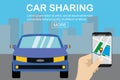 Car sharing concept,blue car and hand holding smartphone with ca Royalty Free Stock Photo