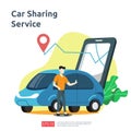 Car sharing illustration concept. online taxi or rent transportation using smartphone service application with character and route