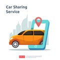 Car sharing illustration concept. online taxi or rent transportation using smartphone service application with character and route