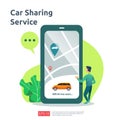 Car sharing illustration concept. online taxi or rent transportation using smartphone service application with character and route