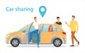 Car sharing illustration. A group of people near the car waiting for a fellow traveler