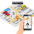 Car sharing isometric. Hand hold smartphone screen with city map route key and points location car. Online mobile