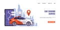 Car sharing landing page. Website interface with text and buttons. City transportation, automobile rent or taxi order