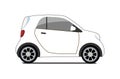 Car sharing logo, vector city micro white car. Eco vehicle icon isolated white background. Cartoon vector illustration.