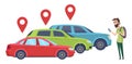 Car sharing. Man looking for vehicle with smartphone app. Rent car online