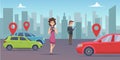 Car sharing. Man and woman looking for vehicle with smartphone app. Rent car online