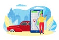 Car sharing mobile app, vector illustration. Online phone servise for rent transport and find it on map. Man with Royalty Free Stock Photo