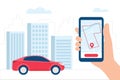 Car Sharing, Navigation, Location App Concept. Red car and hand holding smartphone with carsharing app. Vector