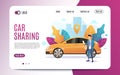 Car sharing service advertising web page template. A man with a smartphone standing near the car. Business website concept. Flat