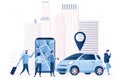 Car sharing service background. Vehicle for a short time. Modern car and smartphone with app. Group of people sharing auto
