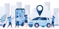 Car sharing service background. Vehicle for a short time. Modern car and smartphone with app