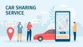 Car sharing service. Big smartphone screen with mobile app and people ordering cars for share or rent. Flat online carsharing Royalty Free Stock Photo