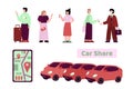 Car sharing service, people searching taxi or order rent vehicle online.