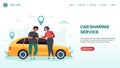 Car sharing service. Rent automobile landing page design, man and woman stand near yellow car with smartphone, flat