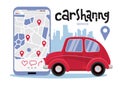 Car Sharing. Short Trips for Family Inside City. Carsharing concept of small sity car and big mobile phone to rent a car