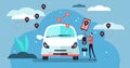 Car sharing vector illustration. Flat tiny persons concept with transport.