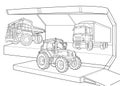 Car show.Truck, mining dump truck, tractor.Coloring pages. Outline drawing