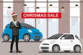 Car showroom and african american male manager in red hat,christ