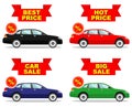 Car showroom. Big sale. Hot price. Set of discount icons for cars. Colored business class automobile isolated on white Royalty Free Stock Photo