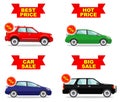 Car showroom. Big sale. Hot price. Set of discount icons for cars. Colored business class automobile isolated on white background Royalty Free Stock Photo